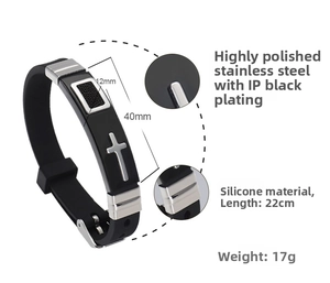 Detail view of silicone cross bracelet showing 12mm width and stainless steel elements