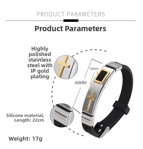Detailed view of adjustable silicone bracelet with golden cross plate and measurements