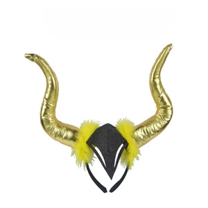 Detail view of large gold devil horns headband with yellow feathers and black sequins