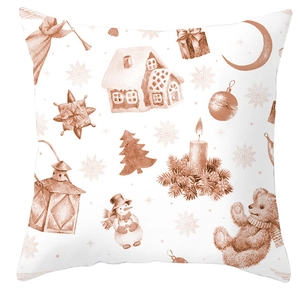 Housse de coussin Noël or rose avec maison en pain d'épices et motifs festifs