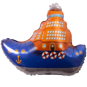 Cartoon cruise ship foil balloon in blue and orange for ocean themed birthday party decor
