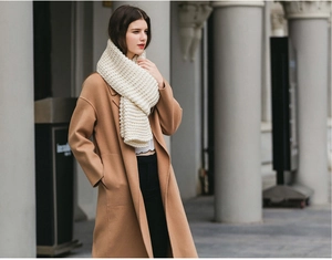 Detail of chunky knit winter scarf in beige worn with a classic camel coat for warmth
