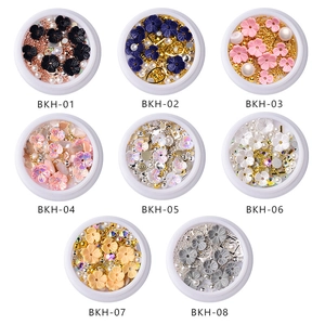 Shell flower nail art charm sets with mixed beads and rhinestones in 8 varied styles