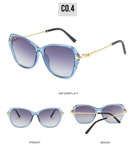 Vue multi-angle des lunettes de soleil œil-de-chat bleu transparent avec verres dégradés