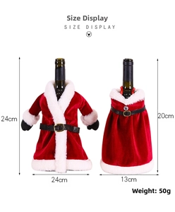 Detailed size chart for Santa style red wine bottle covers with height and width info