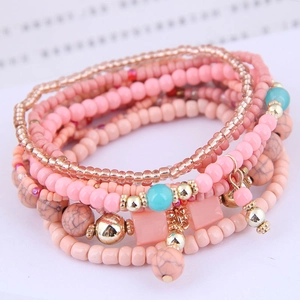 Bohemian multi-layer handmade beaded bracelet set with pink acrylic and turquoise beads