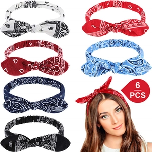 Set of 6 paisley bow headbands with elastic bands in multiple vibrant colors
