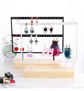 Dual-layer metal earring display stand with wooden base in black and white finish