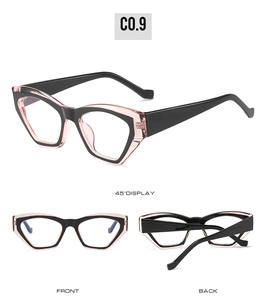 Three angles of cat-eye sunglasses with a two-tone black and pink transparent PC frame