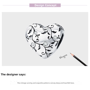 Artistic sketch showing an S925 silver heart charm with vine patterns and crystals