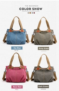 Multiple views of canvas bags in blue, army green, rose red, and dark green colors