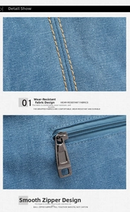 Detail of durable blue canvas fabric texture and smooth metal zipper on shoulder bag