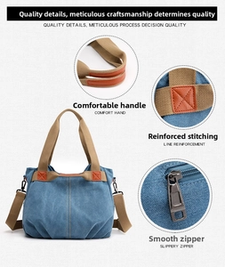 Detail of navy canvas tote featuring cross-stitch reinforcement and metal zipper closure