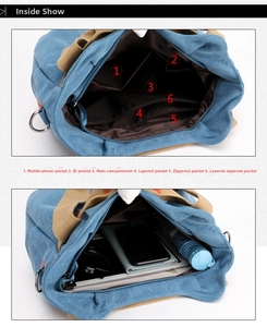 Detailed view of canvas bag interior showing six functional pockets and storage capacity