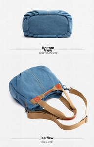 Detail view of light blue canvas handbag showing pleated bottom and adjustable shoulder strap