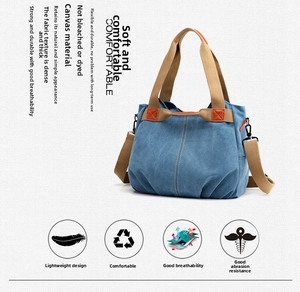 Detail view of denim blue canvas tote with khaki straps and orange stitching accents