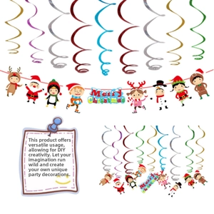 Christmas party hanging decoration set with metallic spirals and cartoon character banners