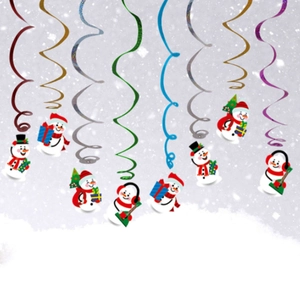 Colorful Christmas spiral hanging decorations with festive cartoon snowman pendants