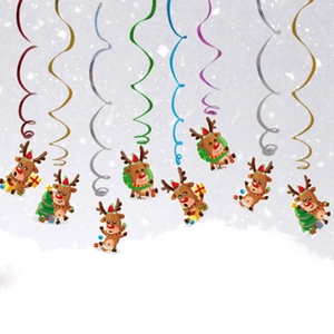 Christmas reindeer spiral hanging ornaments with colorful swirls for festive indoor decor
