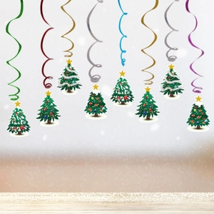 Macro view of colorful spiral Christmas hanging swirls with decorative tree tags