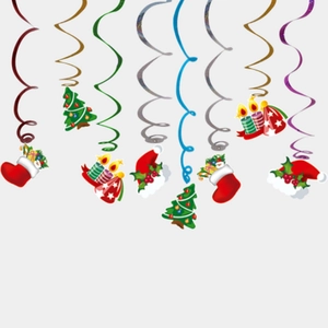 Colorful spiral Christmas hanging ornaments with festive tree and sock patterns