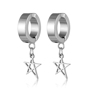 Detail of silver stainless steel hoop earrings featuring minimalist hollow star pendants