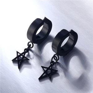 Minimalist black stainless steel hoop earrings with star pendant in a sleek finish