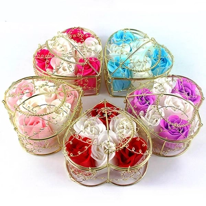 Heart-shaped gold wire baskets with colorful soap roses in red, blue, pink, and purple sets