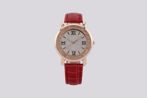 Detail of red crocodile leather strap and crystal bezel on rose gold Roman dial watch