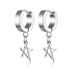 Macro detail of silver titanium steel earrings with hoop and star shaped pendants