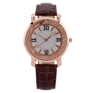 Fashion Women Quartz Watch Rose Gold Alloy Case Floating Rhinestone Bezel Roman Numeral Dial Crocodile Pattern Leather Strap