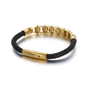 Men's ethnic braided leather bracelet with five gold stainless steel mantra beads
