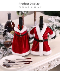 Detailed view of velvet Christmas wine bottle covers in Santa suit and dress designs