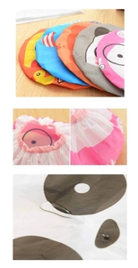 Detail showing elastic band and macro view of waterproof cartoon pattern shower cap