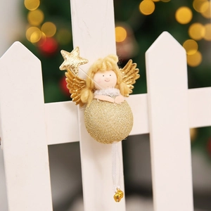 Golden sitting angel Christmas ornament with glitter wings and bells for festive decor