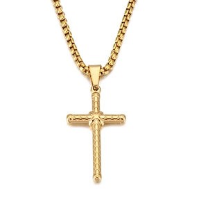Gothic style golden twisted cross pendant necklace with box chain on white background