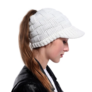 White cable knit ponytail beanie hat with brim and hair opening for women