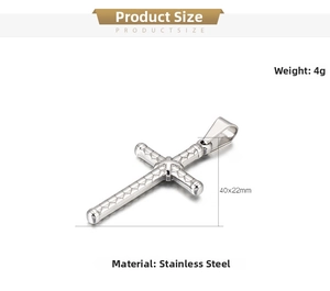 Detail of stainless steel cross pendant with snakeskin texture showing 40x22mm dimensions