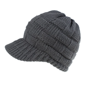 Close-up of dark grey basketweave knit visor beanie showing textured pattern details