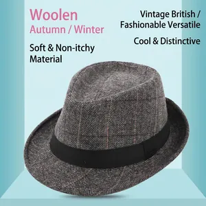 Classic grey herringbone wool fedora hat with black ribbon for autumn and winter fashion