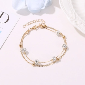 Double-layered gold anklet with Shamballa crystal beads and adjustable lobster clasp