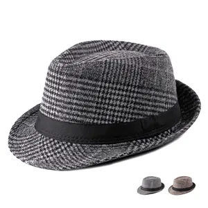 Classic British plaid fedora hat with black ribbon trim available in three colors
