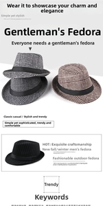 Detailed view of assorted plaid fedora hats in grey, brown and black wool felt material