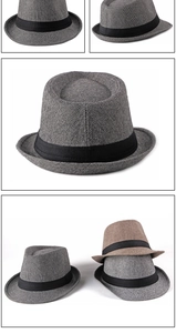 Detailed views of grey and light brown British style wool trilby hats with black bands