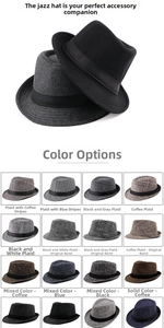 Detailed grid of assorted thick wool felt jazz hats with British plaid and solid patterns