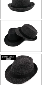 Detail of black plaid wool fedora with glitter yarn texture and ribbon band decoration