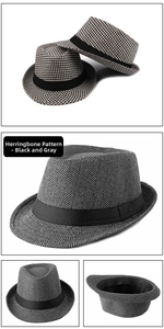 Detail of grey herringbone pattern wool fedora hat with black grosgrain ribbon band