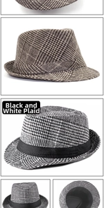 Detail view of the checkered wool fedora hat with black band and sturdy brim structure