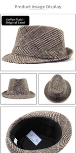 Detail view of coffee plaid fedora hat showing inner size label and checkered pattern