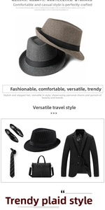 Detail of grey herringbone fedora hat with matching business suit and leather briefcase